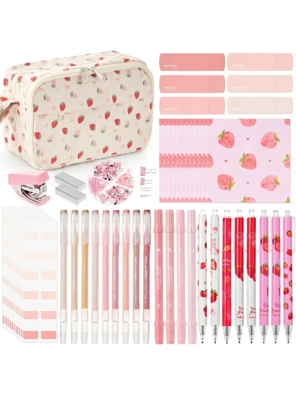 Cute Pink Strawberry Stationery Set with Pencil Case - Perfect School Supplies!